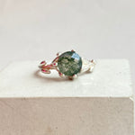 Silver Coral Ring with Round Cut Green Reticulated Quartz