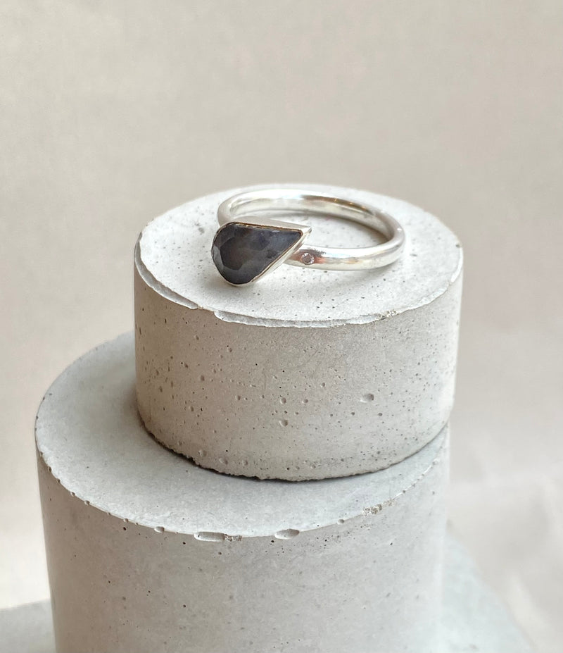 Dotty Teardrop Grey Sapphire And Diamond Silver Ring