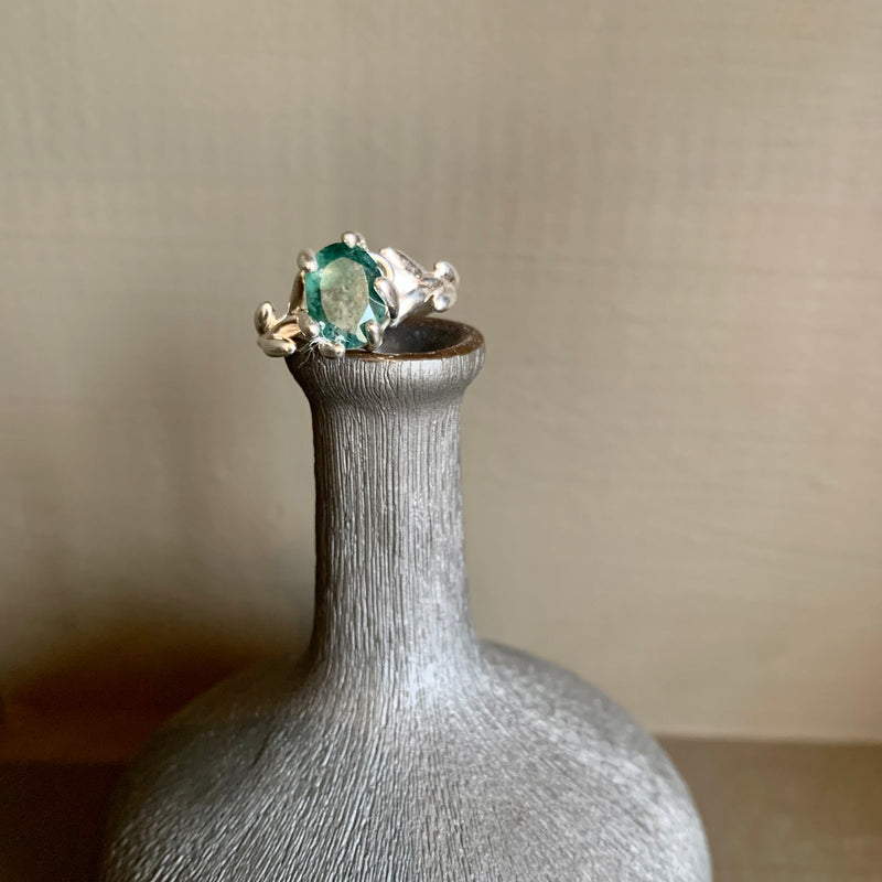 Silver Coral Ring with Oval Cut Green Reticulated Quartz