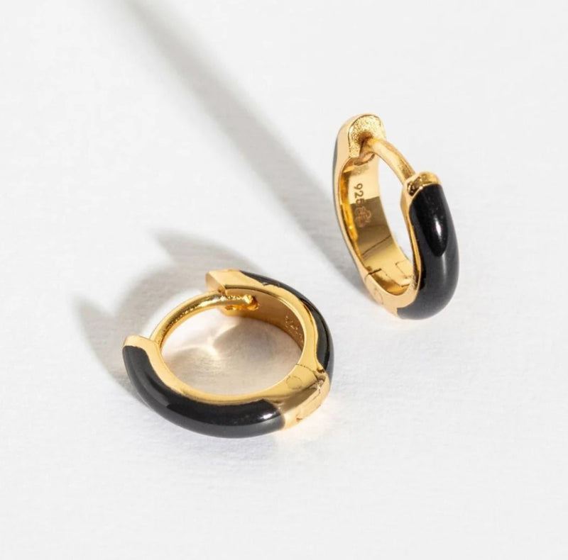 BLACK ENAMEL GOLD HUGGIE EARRINGS